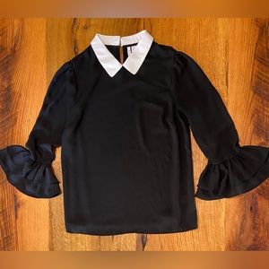 Elle Classic Black Shirt, White Collar, Key Hole Button Closure in Back, Sz Sml